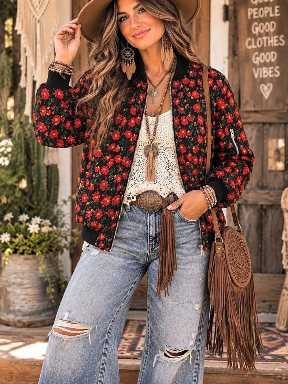 Embroidered Floral Bomber Jacket in Black & Red Like New 20” PTP unbranded.